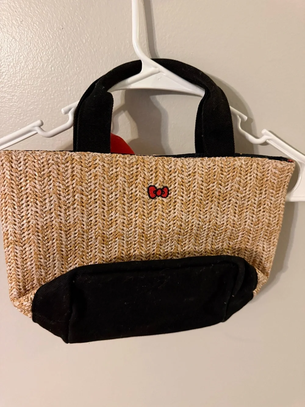 Hello Kitty Sanrio Woven Straw Tote Bag Red Bow Black Handles - Picture 7 of 12